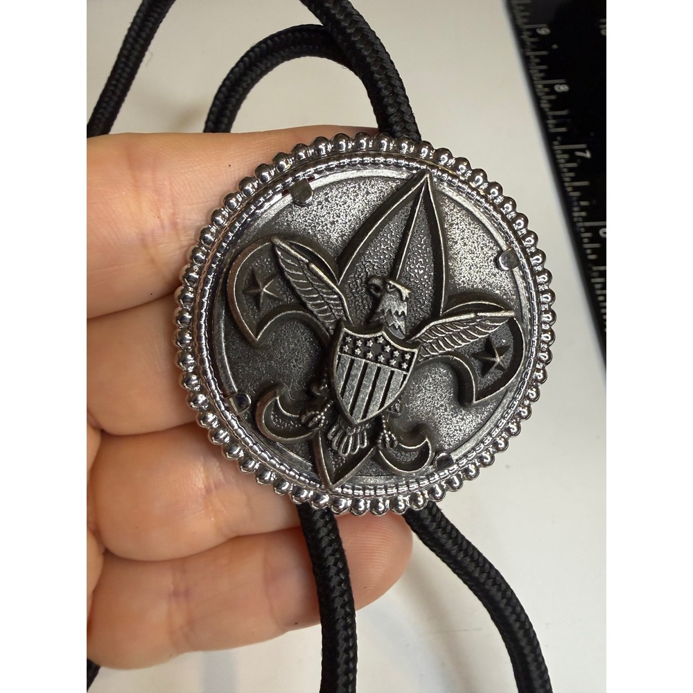Boy Scouts of America BSA Fleur De Lis Eagle Medallion Black Bolo Tie Silver